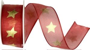 Vánoční stuha organzová GOLD STAR červená 25mm x 2m (10,-Kč/m)