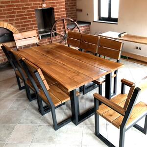 KULHÁNEK Zahradní sestava s kovovými nohami - stůl, 2x křeslo, 6x židle Odstín nátěru: olej - ořech, Odstín podnože: černá - RAL 9005