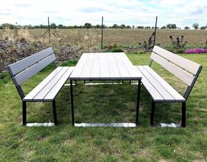 KULHÁNEK Zahradní sestava s nohami z ploché oceli - stůl, 2x lavice s opěradlem Délka: 150 cm, Odstín nátěru: lazura - dub, Odstín podnože: antracit - RAL 7016
