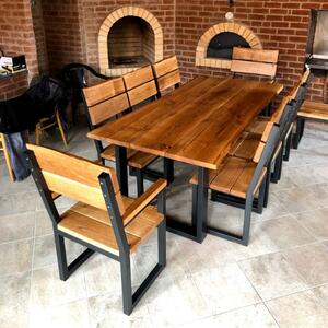 KULHÁNEK Zahradní sestava s kovovými nohami - stůl, 2x křeslo, 6x židle Odstín nátěru: olej - ořech, Odstín podnože: černá s jemnou strukturou - JS RAL 9005