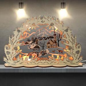 AMADEA Dřevěný svítící portál s motivem vesničky, barevný, 34 cm
