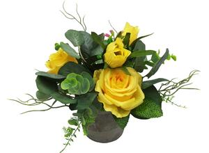 Růže v betonovém květináči, barva žlutá Květina umělá SG6007