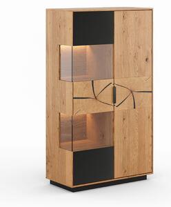Stojící dubová vitrína 2D plátek dřeva s černým sklem Tirano