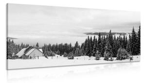 Obraz chaloupka v zasněžené přírodě v černobílém provedení - 100x50 cm