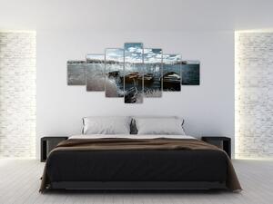 Obraz - Dřevěné loďky na jezeru (210x100 cm)