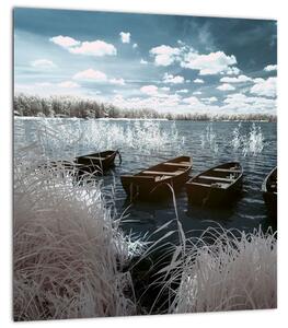 Obraz - Dřevěné loďky na jezeru (30x30 cm)