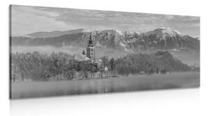 Obraz kostel u jezera Bled ve Slovinsku v černobílém provedení - 100x50 cm