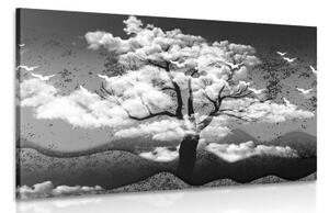 Obraz černobílý strom zalitý oblaky - 90x60 cm