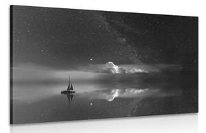 Obraz loďka na moři v černobílém provedení - 120x80 cm