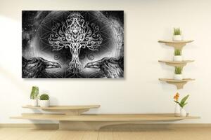 Obraz havrani a strom života v černobílém provedení - 60x40 cm