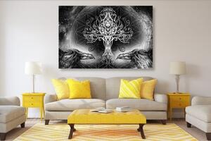 Obraz havrani a strom života v černobílém provedení - 60x40 cm