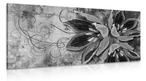 Obraz květiny s perlami v černobílém provedení - 100x50 cm