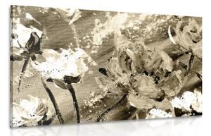 Obraz malované květy v sépiovém provedení - 120x80 cm