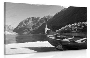 Obraz dřevěná vikingská loď v černobílém provedení - 60x40 cm