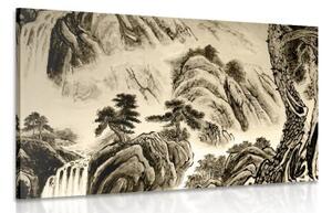 Obraz čínská krajinomalba v sépiovém provedení - 90x60 cm