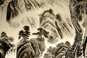 Obraz čínská krajinomalba v sépiovém provedení - 60x40 cm
