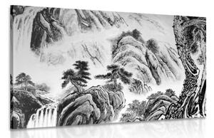 Obraz čínská krajinomalba v černobílém provedení - 120x80 cm