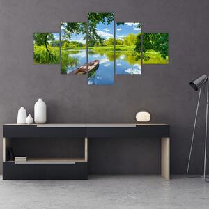 Obraz letní řeky s loďkou (125x70 cm)