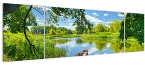 Obraz letní řeky s loďkou (170x50 cm)