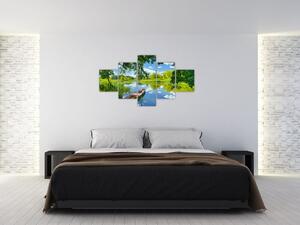 Obraz letní řeky s loďkou (125x70 cm)
