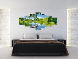 Obraz letní řeky s loďkou (210x100 cm)