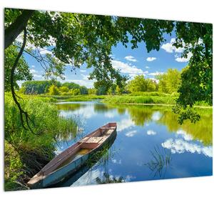 Obraz letní řeky s loďkou (70x50 cm)
