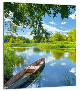 Obraz letní řeky s loďkou (30x30 cm)