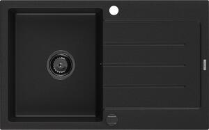 MEXEN - Bruno granitový dřez 1-miska s odkapávačem 795 x 495 mm, černý, černý sifon 6513791010-77-B