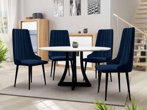 Kulatý jídelní stůl 100 cm se 4 židlemi TULZA 1 - lesklý černobílý / modrý