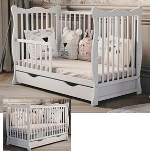 Dětská postýlka Julia 60×120 cm bílá s bočnicí a šuplíkem – elegantní dřevěná postýlka s úložným prostorem Druh matrace: bez matrace