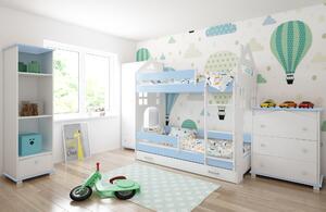 Babywoods Dětská patrová postel DOMEK II Velikost postele: 160x80, Barevné provedení: Modrá, Provedení postele: Dva menší šuplíky