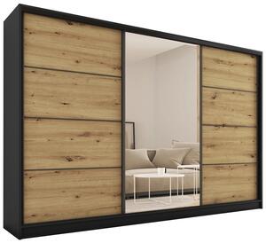 Šatní skříň HARAZIA 280 se zrcadlem, 4 šuplíky a 2 šatními tyčemi, černý mat/dub artisan