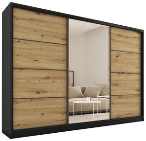 Šatní skříň HARAZIA 250 se zrcadlem, 4 šuplíky a 2 šatními tyčemi, černý mat/dub artisan