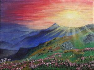 Ručně malovaný obraz od Michala Bartoňová - "Východ slunce", rozměr: 24 x 18 cm