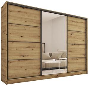 Šatní skříň HARAZIA 250 se zrcadlem, 4 šuplíky a 2 šatními tyčemi, dub artisan