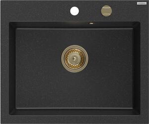 Mexen Elix, 1-komorový granitový dřez 600 x 500 mm, černá/stříbrná metalíza, zlatý sifon - 6525601005-73-G