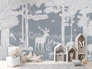 Dětská tapeta les – Monochrome Forest Blue | Fugu Materiál: Digitální eko vlies - klasická tapeta nesamolepicí