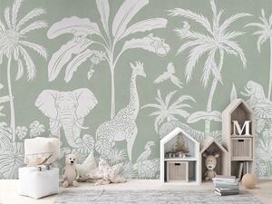 Dětská tapeta džungle – Monochrome Jungle Green | Fugu Materiál: Digitální eko vlies - klasická tapeta nesamolepicí
