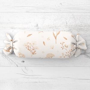 Biante Polštář válec bonbon Sandra SA-775 Smetanovo-hnědé jarní kvítí na bílém 15x40 cm