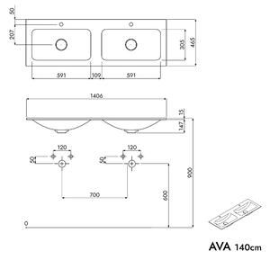 Koupelnová skříňka AVA 140 cm s dvojumyvadlem z minerálního odlitku CREAM