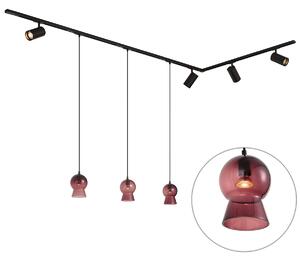 Moderní černý kolejnicový systém se 4 bodovými světly a 3 fialovými závěsnými svítidly 1-fázový - Iconic Bell Jeana Luxe