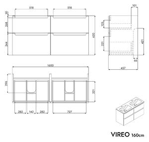 Koupelnová skříňka VIREO 160 cm s umyvadlem z minerálního odlitku CREAM - možnost volby barvy