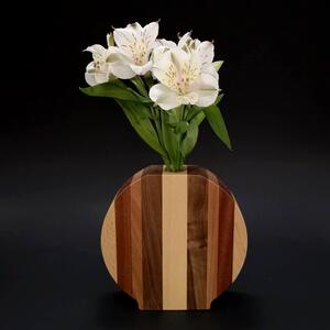 AMADEA Dřevěná váza kulatá se svislými pruhy, masivní dřevo čtyř druhů dřevin, výška 15 cm