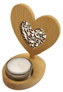 AMADEA Dřevěný svícen srdce s vkladem - ornament, masivní dřevo, výška 10 cm