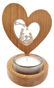 AMADEA Dřevěný svícen srdce s vkladem - betlém, masivní dřevo, výška 10 cm