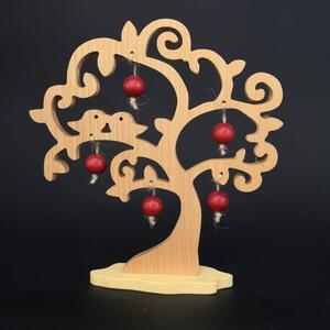 AMADEA Dřevěný 3D strom s ptáčky a červenými jablky, masivní dřevo, výška 20 cm