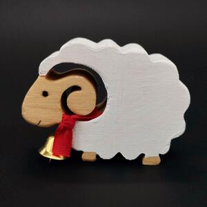 AMADEA Dřevěná dekorace ovce bílá se zvonkem 6 cm