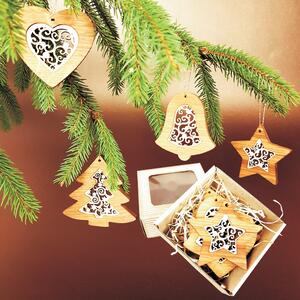 AMADEA Vánoční set 4 druhů dřevěných ozdob z masivu s vkladem - ornament + krabička