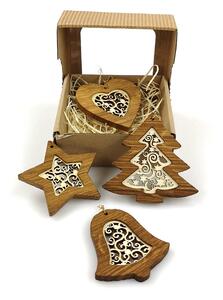 AMADEA Vánoční set 4 druhů dřevěných ozdob z masivu s vkladem - ornament + krabička