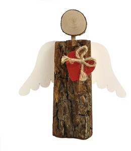 AMADEA Dřevěný anděl s kůrou s bílými křídly a čeveným srdcem, masivní dřevo, 19x14,5x3 cm